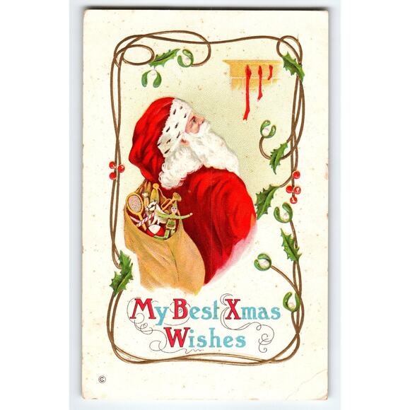 Vintage Santa Claus Christmas Postcard My Best Xmas Wishes 314D Stecher - Picture 1 of 2